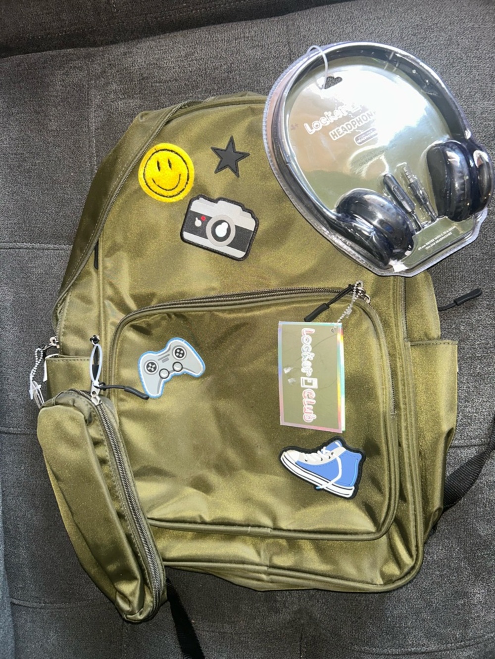 Kids locker club Olive Green Backpack with pencil bag and Headphones